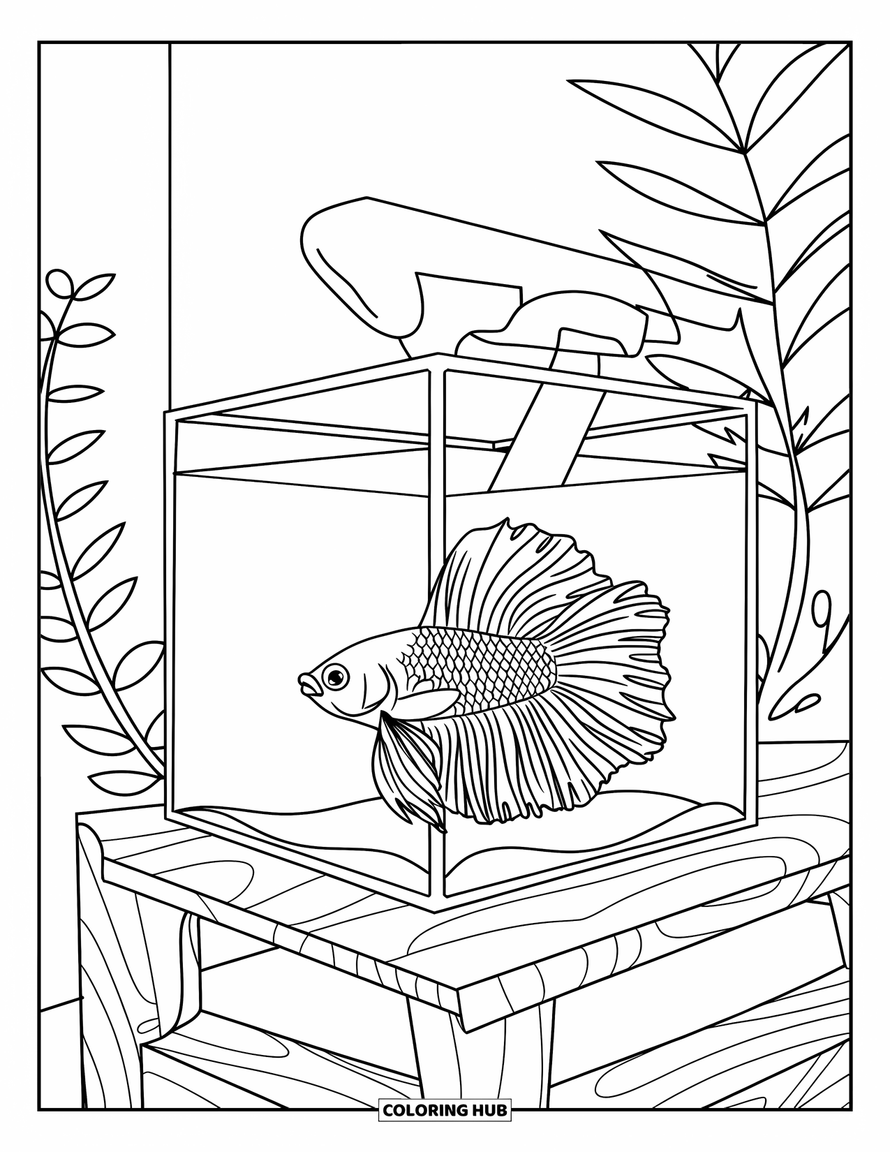 Aquarium Coloring Page for Kids: Betta fish shows off in a sleek modern aquarium