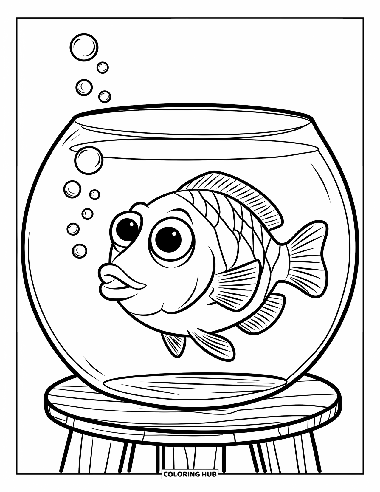 Aquarium Coloring Page for Kids: Big-eyed fish blows bubbles in a simple glass tank