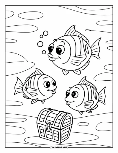 Desenho de aquário para colorir para crianças: Peixes de olhos grandes exploram um baú do tesouro em um mini aquário confortável