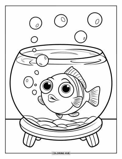 Desenho de aquário para colorir para crianças: Um peixe de olhos grandes flutua e assopra bolhas em um aquário pequeno e simples