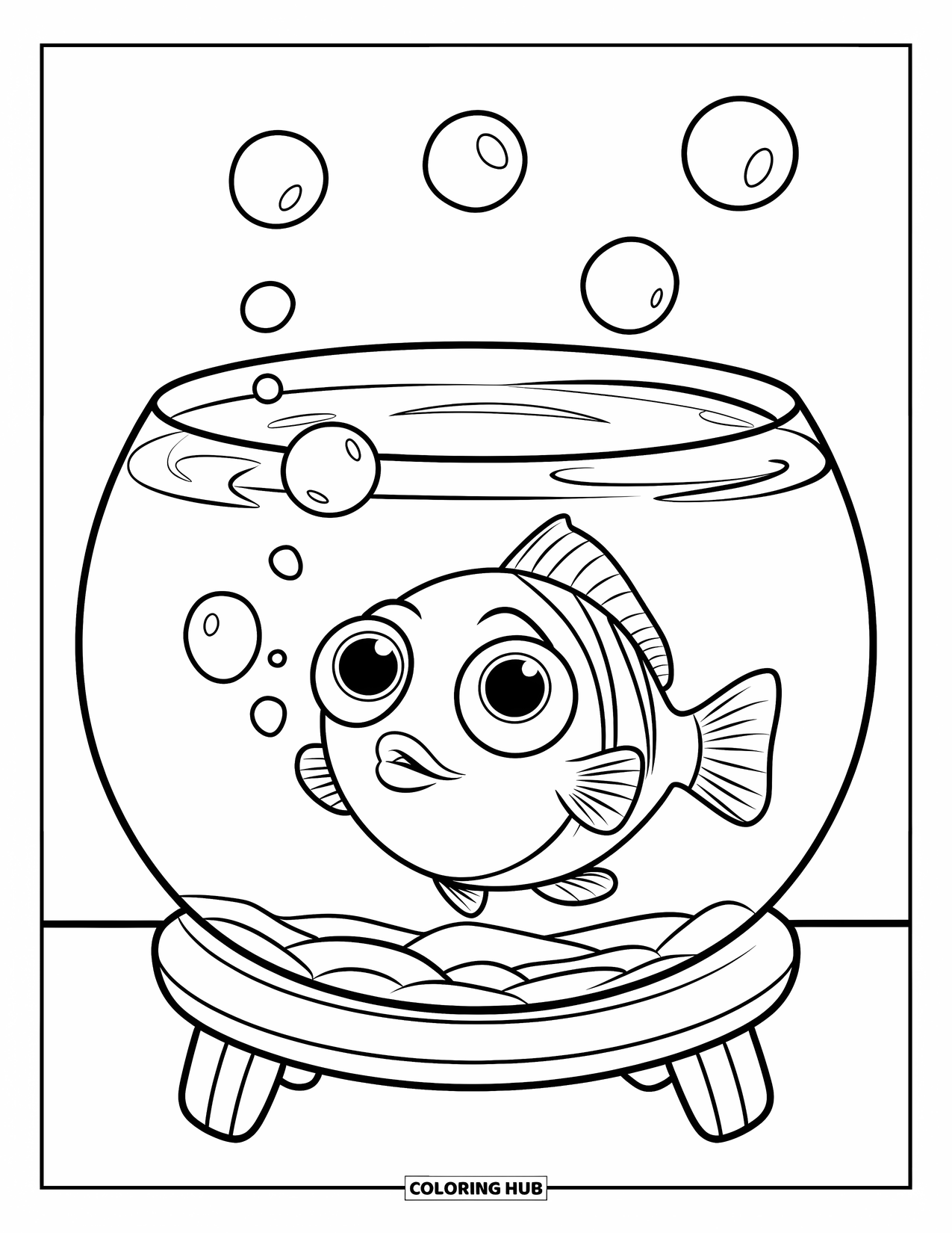 Aquarium Coloring Page for Kids: Big-eyed fish floats and blows bubbles in a small, simple tank