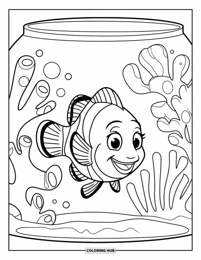 Desenho de aquário para colorir para crianças: Um peixe-palhaço animado nada perto de coral ondulante em um aquário pequeno e simples