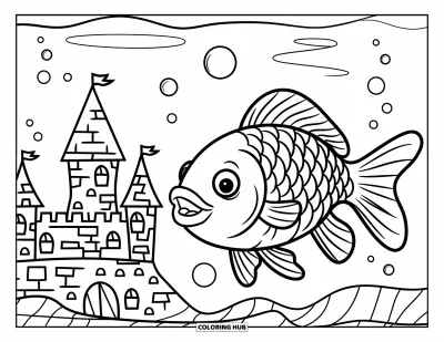 Desenho de aquário para colorir para crianças: Um peixinho dourado animado nada perto de um castelo afundado em um aquário divertido