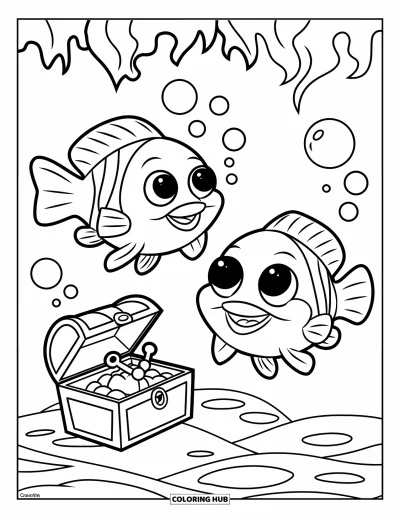 Desenho de aquário para colorir para crianças: Peixes gordinhOS com chapéus nadam perto de um baú com bolhas flutuando ao redor