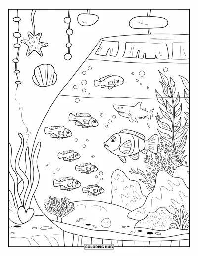 Desenho de aquário para colorir para crianças: Peixe-palhaço e outros peixes nadam pelo coral em um aquário organizado