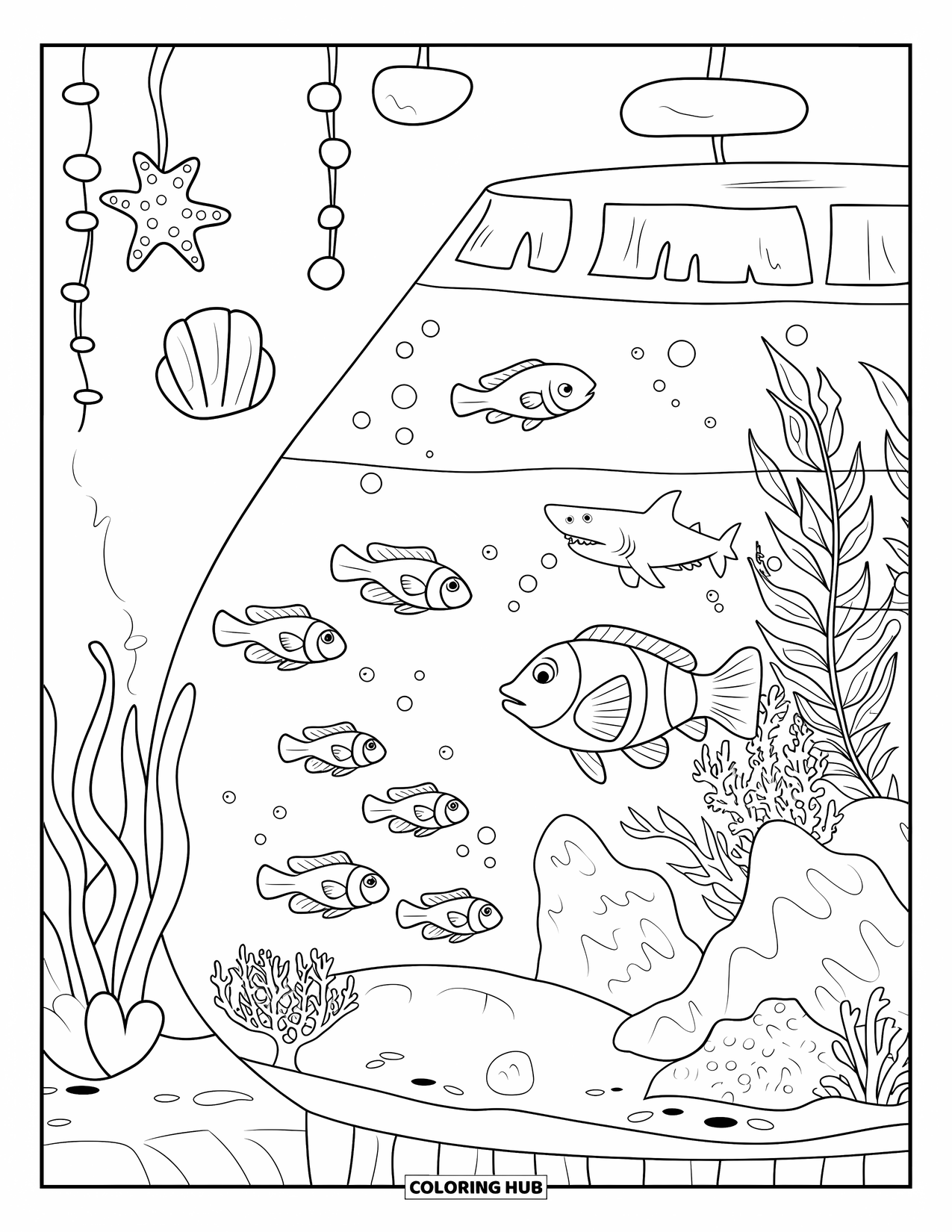 Aquarium Coloring Page for Kids: Clownfish and other fish swim through coral in a neat aquarium