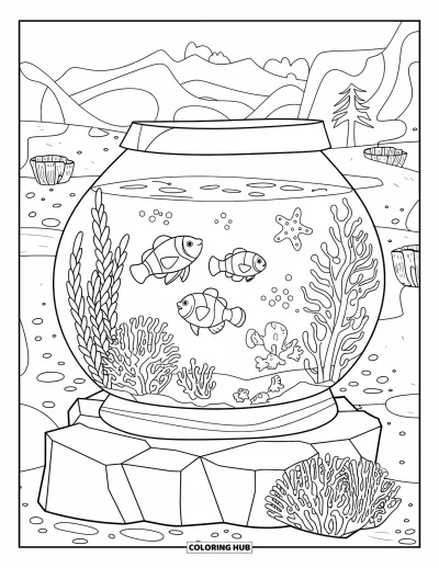 Desenho de aquário para colorir para crianças: Peixe-palhaço e vida marinha habitam um aquário com vista para as montanhas