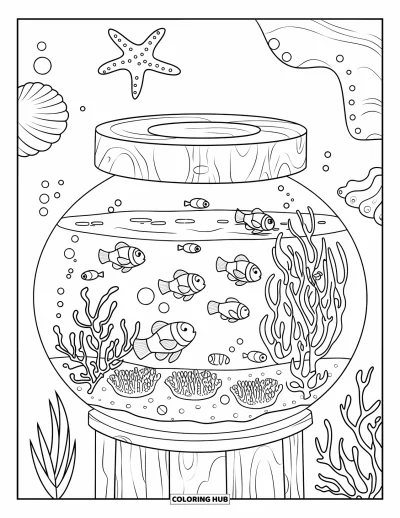 Desenho de aquário para colorir para crianças: Peixe-palhaço e estrela-do-mar nadam entre coral em um aquário de madeira