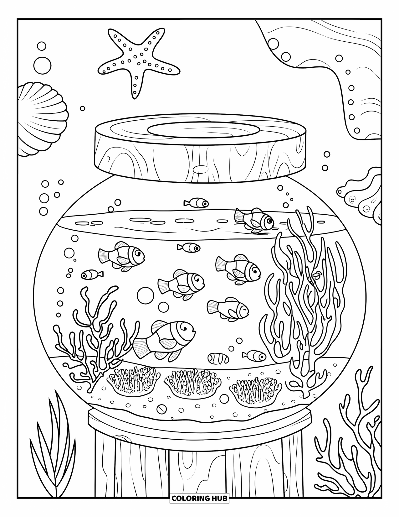 Aquarium Coloring Page for Kids: Clownfish and starfish swim among coral in a wooden aquarium