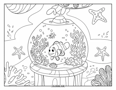 Desenho de aquário para colorir para crianças: Peixe-palhaço nada perto de coral com estrela-do-mar e anêmonas do mar