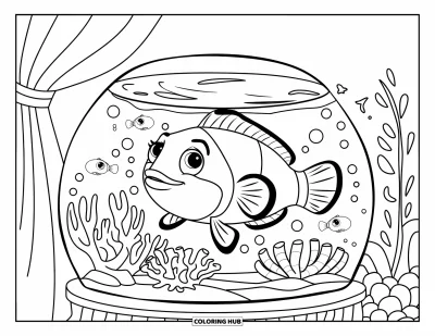 Desenho de aquário para colorir para crianças: Um peixe-palhaço nada tranquilamente com criaturas marinhas em um aquário quentinho