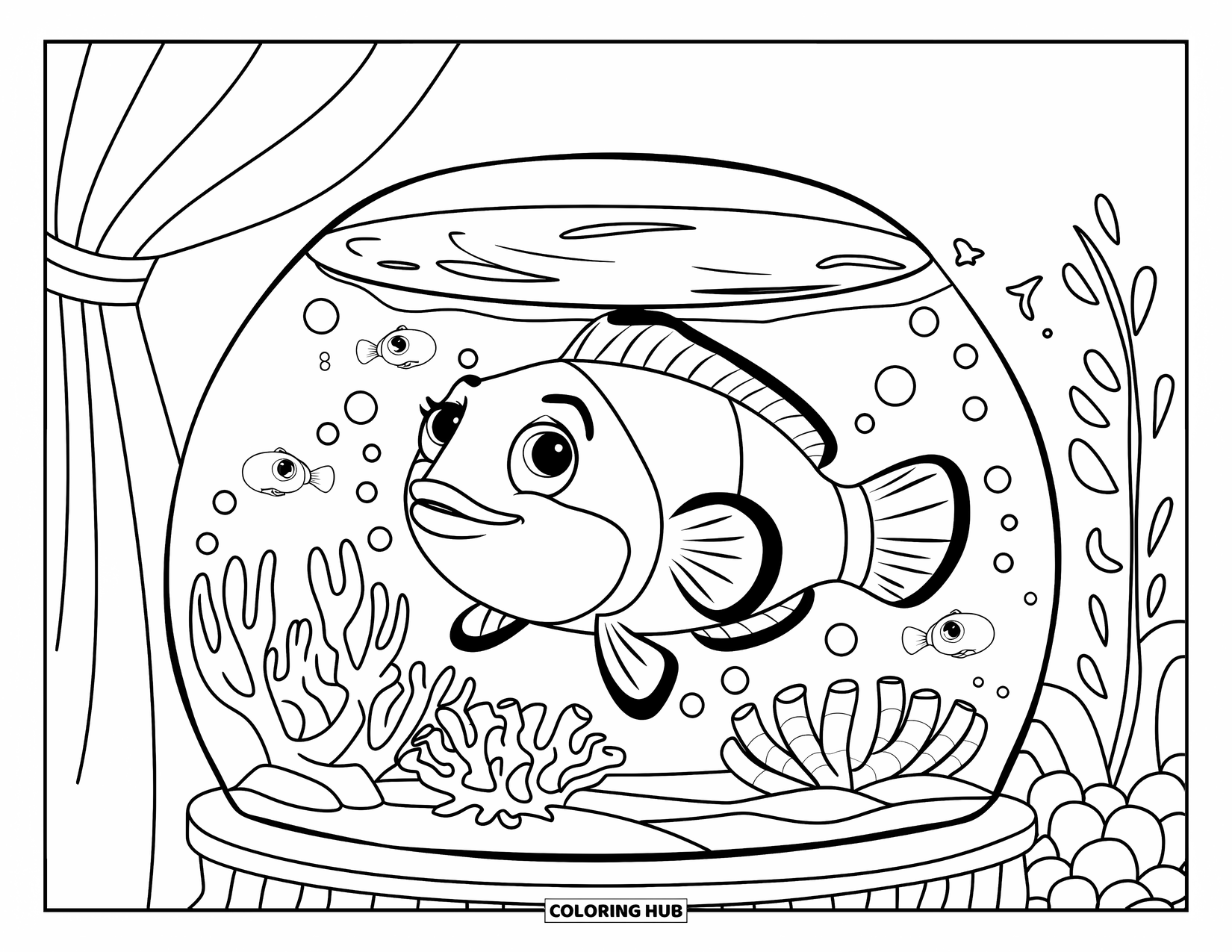 Aquarium Coloring Page for Kids: Clownfish swims peacefully with sea creatures in a cozy tank
