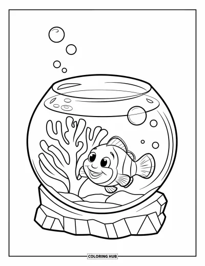 Desenho de aquário para colorir para crianças: Peixe-palhaço de listras vermelhas e brancas nada perto de coral macio e bolhas