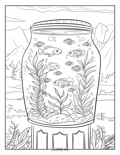 Desenho de aquário para colorir para crianças: Peixes coloridos nadam entre plantas suaves em um aquário alto e tranquilo