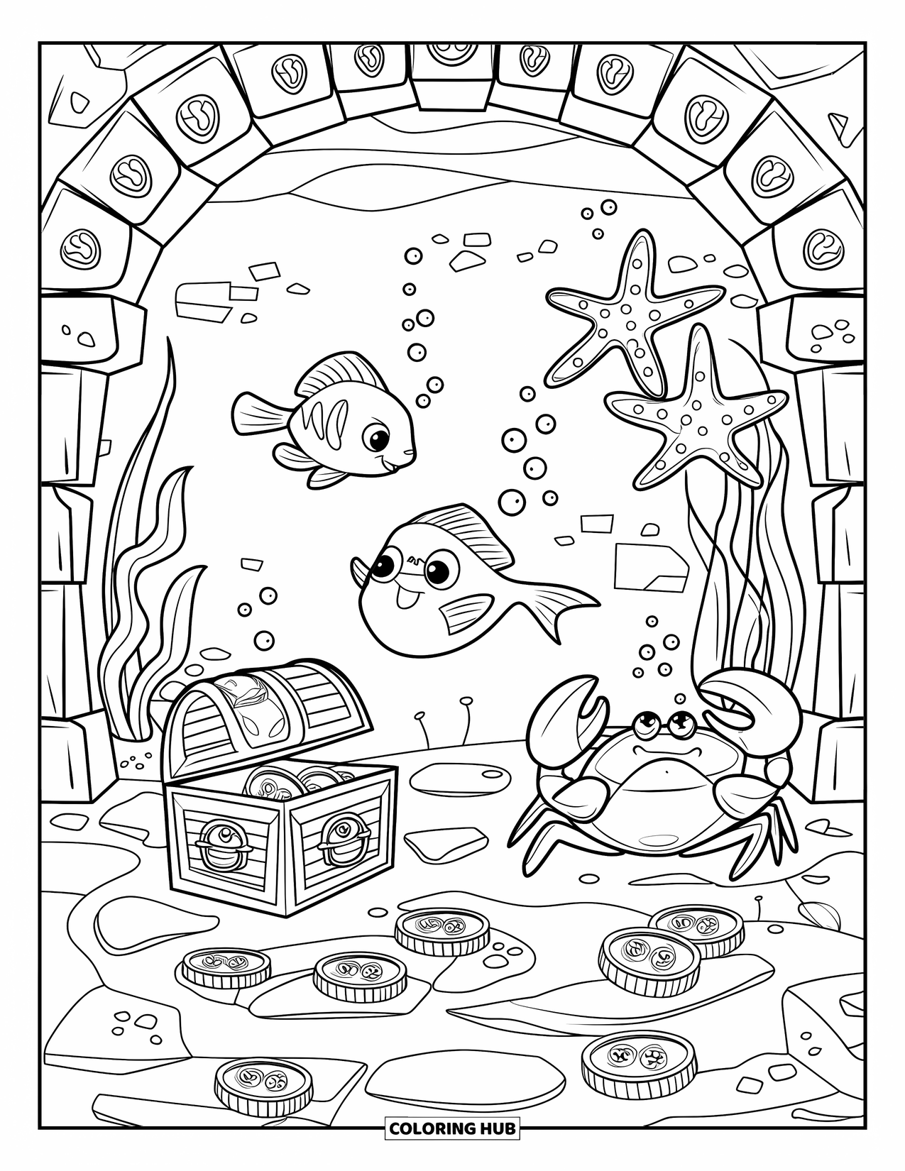 Aquarium Coloring Page for Kids: Crab, fish, and starfish explore gold coins and treasure underwater