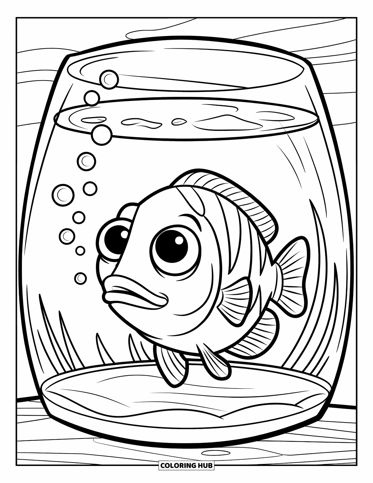 Aquarium Coloring Page for Kids: Cute fish blows bubbles inside a clean glass aquarium