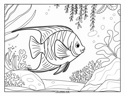 Desenho de aquário para colorir para crianças: Um elegante acará-bandeira nada entre plantas exuberantes em um aquário acolhedor