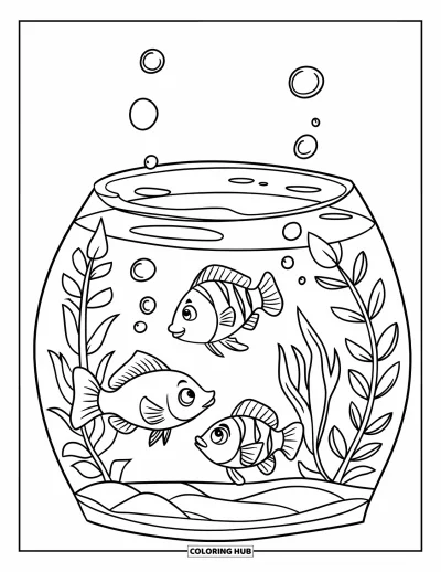 Desenho de aquário para colorir para crianças: Peixes brincam entre plantas e bolhas em um aquário minúsculo