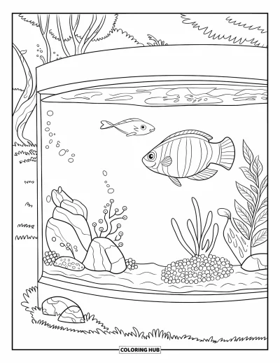 Desenho de aquário para colorir para crianças: Peixes nadam entre pedras e plantas em um ambiente externo tranquilo