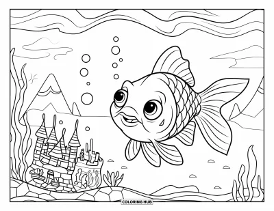 Desenho de aquário para colorir para crianças: Um peixinho dourado com coroa nada perto de um castelo cheio de tesouros em um aquário divertido