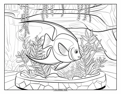 Desenho de aquário para colorir para crianças: Um gracioso acará-bandeira nada entre plantas frondosas em um aquário estiloso