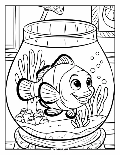 Desenho de aquário para colorir para crianças: Um peixe-palhaço feliz nada perto de coral em um aquário tranquilo e aconchegante