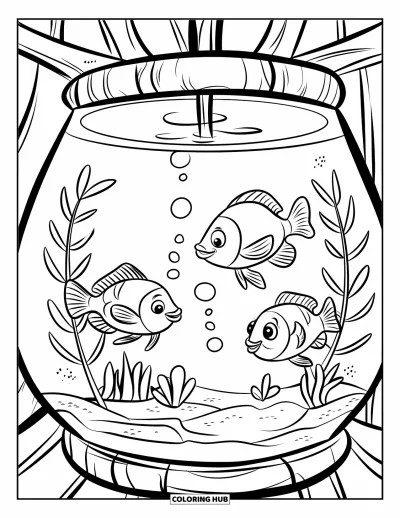 Desenho de aquário para colorir para crianças: Peixes brincalhões nadam entre bolhas em um aquário pequeno e aconchegante