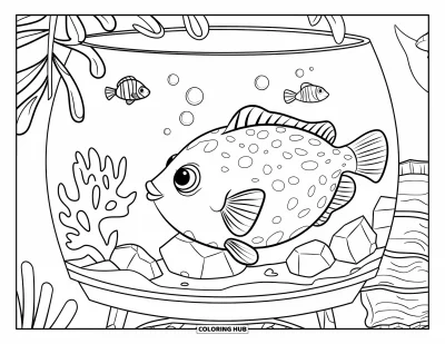 Desenho de aquário para colorir para crianças: Um baiacu repousa perto de rochas de coral em um aquário doméstico aconchegante