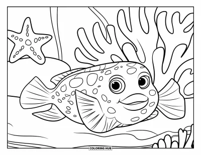 Desenho de aquário para colorir para crianças: Um baiacu repousa perto de coral com uma estrela-do-mar e uma concha do mar por perto