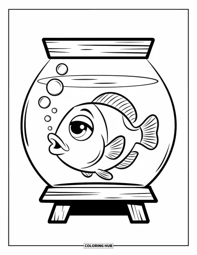 Desenho de aquário para colorir para crianças: Um peixe redondo de olhos grandes assopra bolhas em um aquário aconchegante