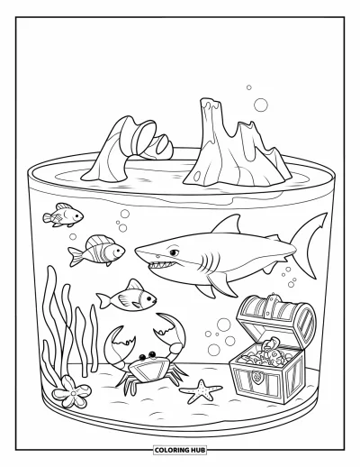 Desenho de aquário para colorir para crianças: Tubarão, caranguejo e peixe descobrem um tesouro em um aquário transparente