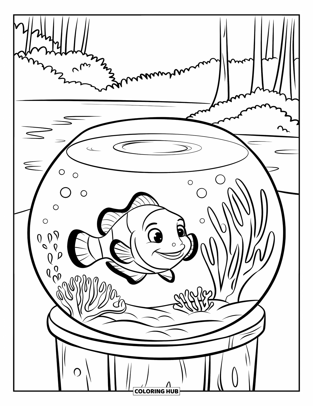 Aquarium Coloring Page for Kids: Smiling clownfish swims near soft coral in a peaceful aquarium