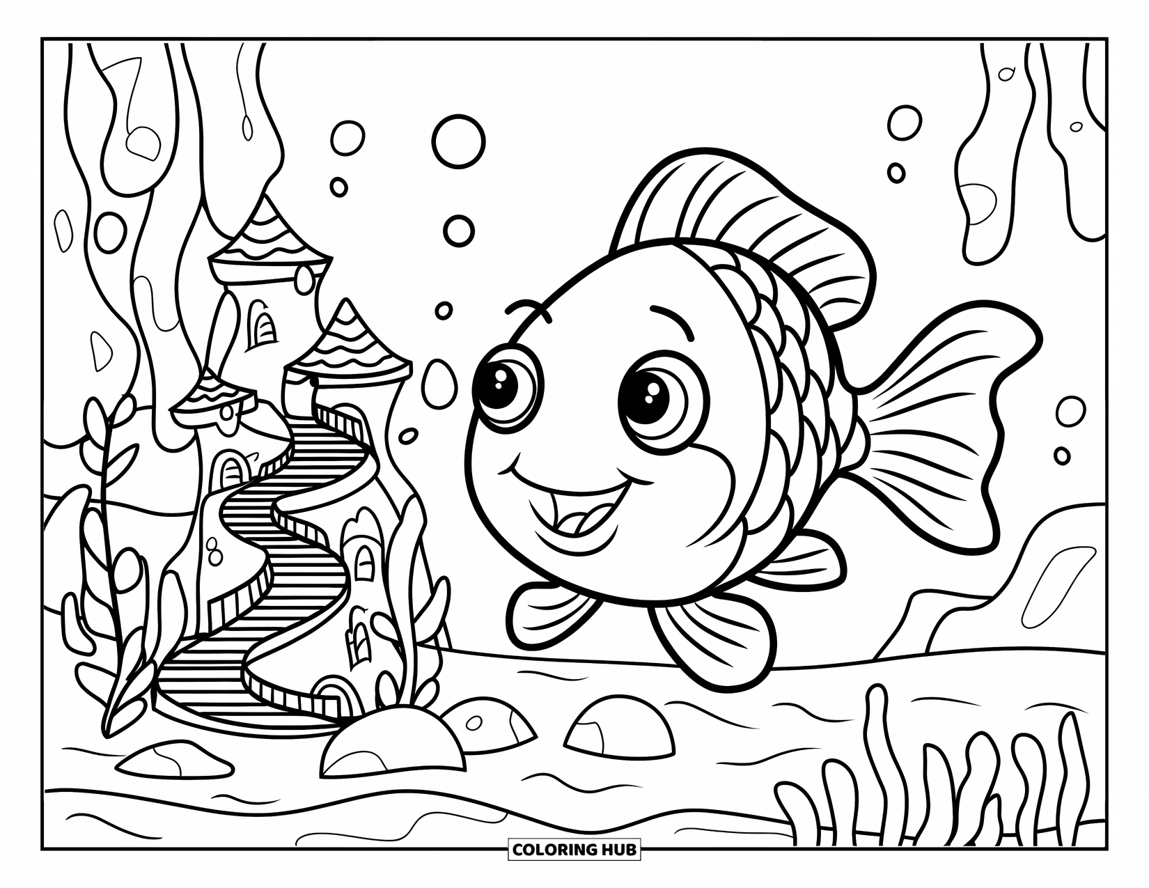 Aquarium Coloring Page for Kids: Smiling goldfish explores a castle surrounded by seaweed and bubbles