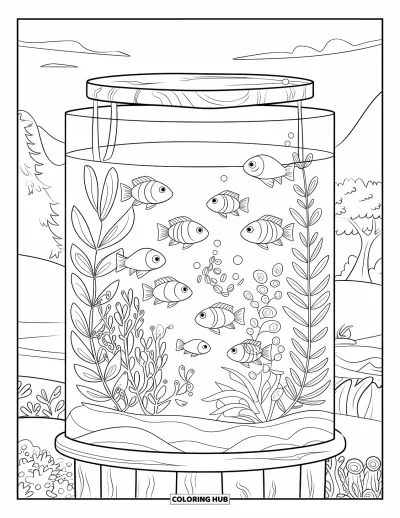 Desenho de aquário para colorir para crianças: Aquário alto cheio de peixes coloridos e plantas balançando suavemente
