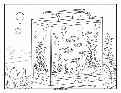 Desenho de aquário para colorir para crianças: Tetras deslizam entre bolhas em um aquário retangular simples
