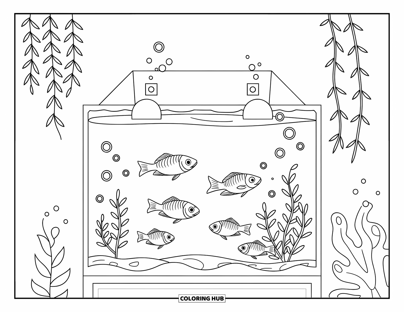 Aquarium Coloring Page for Kids: Tetras swim with bubbles in a calm rectangular aquarium