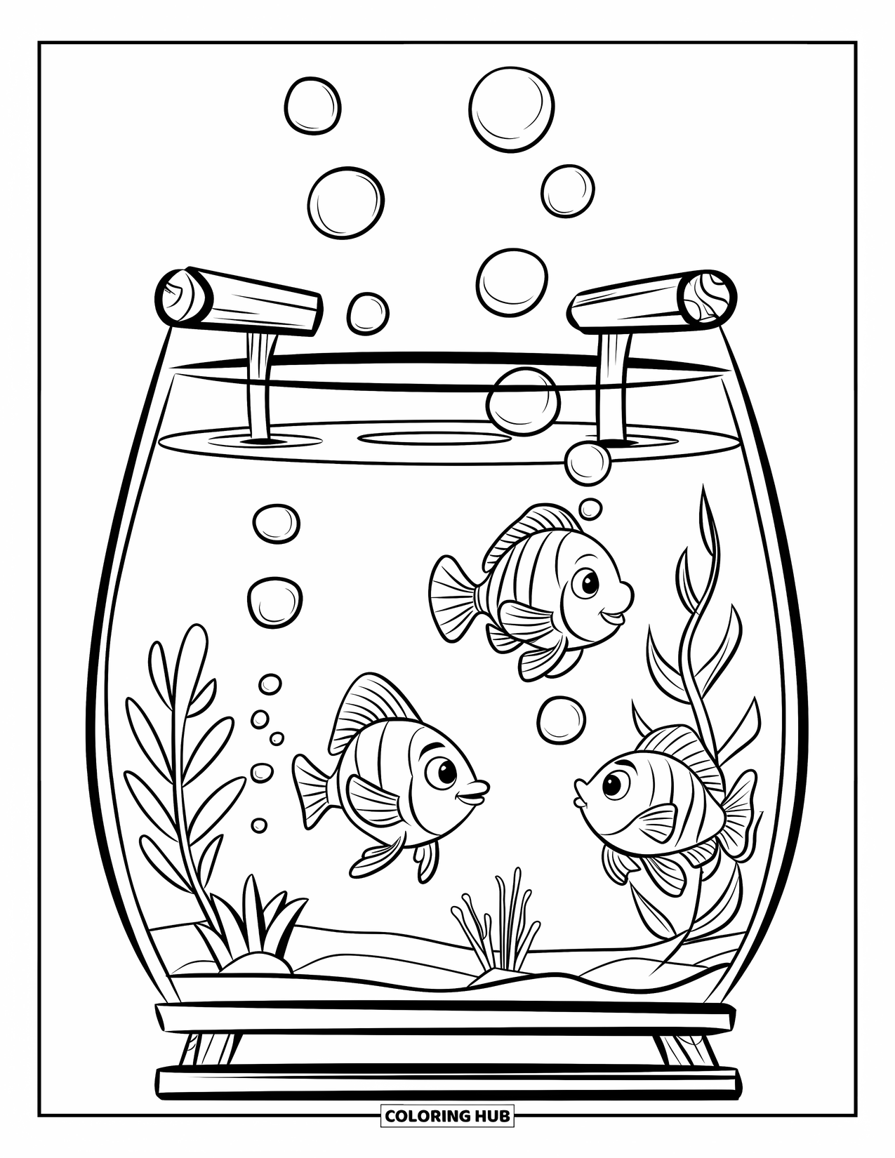 Aquarium Coloring Page for Kids: Three happy fish swim near plants with bubbles rising around them
