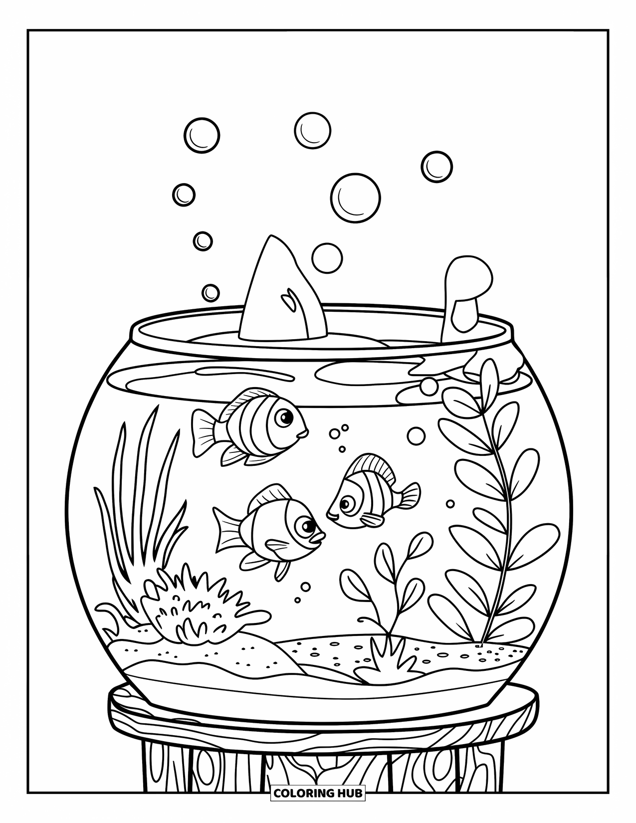 Aquarium Coloring Page for Kids: Three playful fish swim among plants and bubbles in a small aquarium