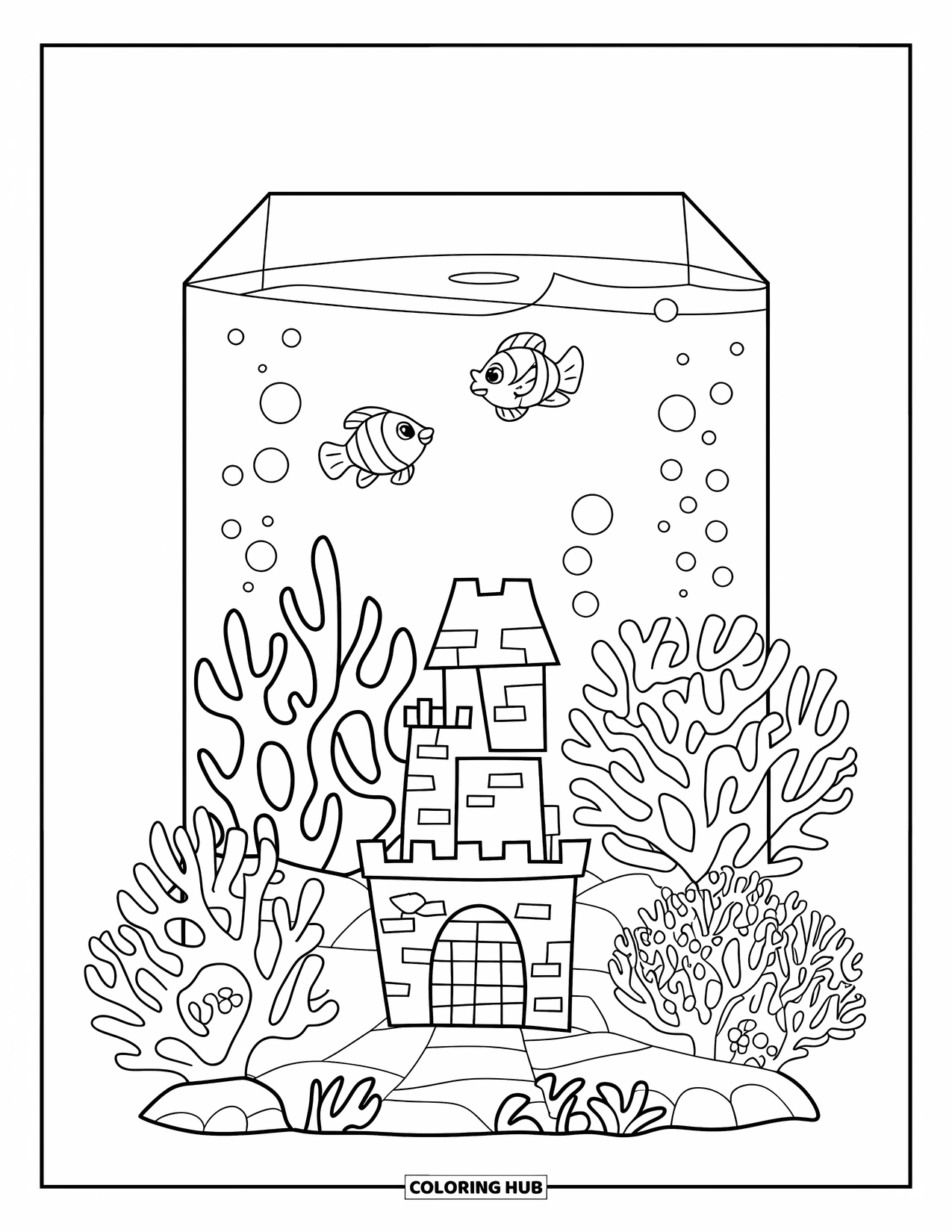 Aquarium Coloring Page for Kids: Tiny castle and cute fish rest in a calm aquarium