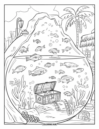 Desenho de aquário para colorir para crianças: Peixes tropicais exploram plantas, pedras e um tesouro escondido em um grande aquário