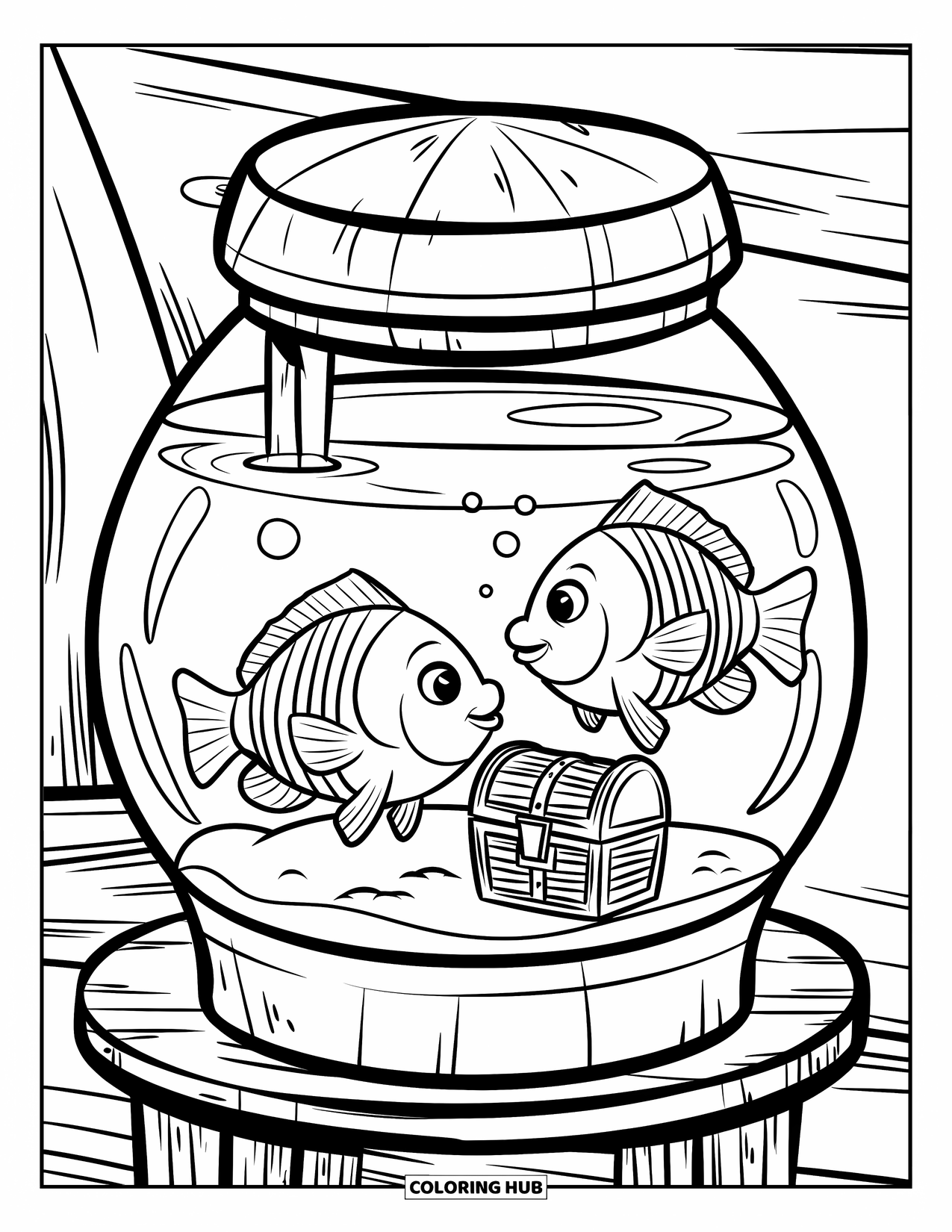 Aquarium Coloring Page for Kids: Two chubby fish swim near a treasure chest in a mini tank