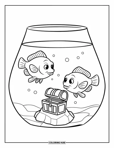 Desenho de aquário para colorir para crianças: Dois peixinhos fofos circulam um pequeno baú sobre uma pedra no aquário