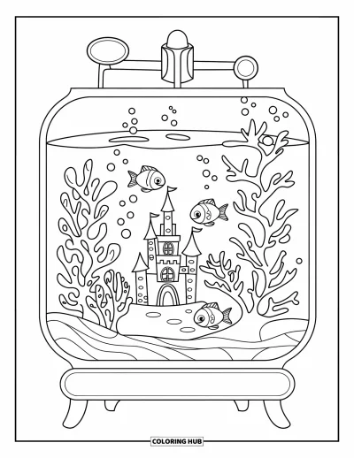 Desenho de aquário para colorir para crianças: Dois peixinhos fofos nadam perto de um pequeno castelo e coral em um aquário