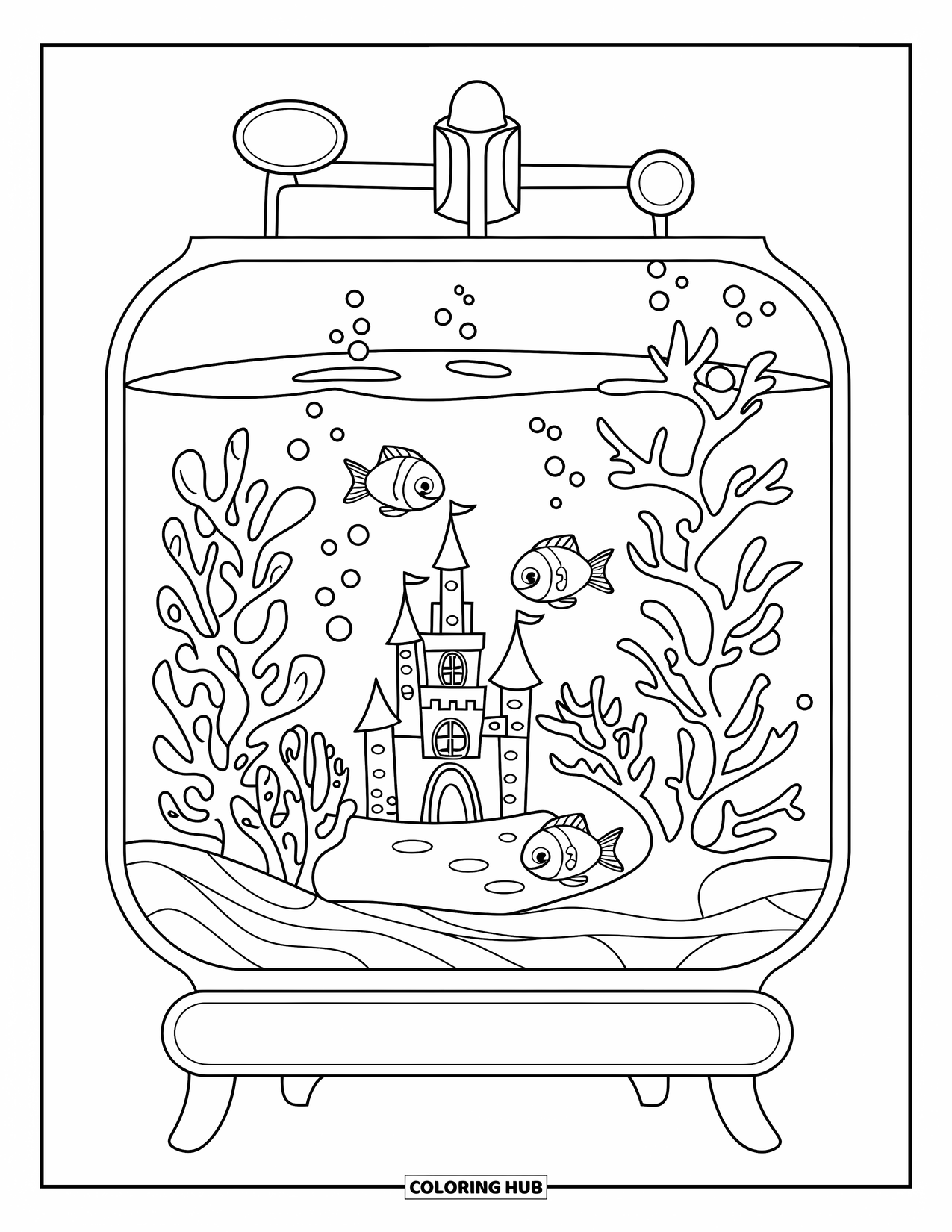 Aquarium Coloring Page for Kids: Two cute fish swim near a tiny castle and coral in a tank