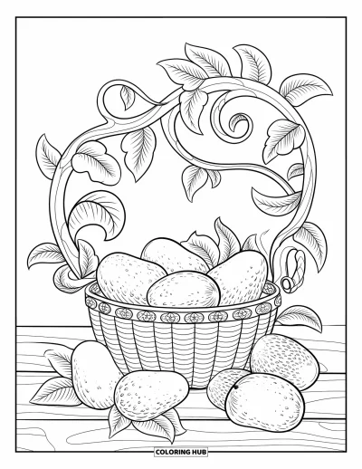 Coloriage d'avocat pour adultes : Un panier d'avocats avec des fruits éparpillés et des motifs floraux tourbillonnants