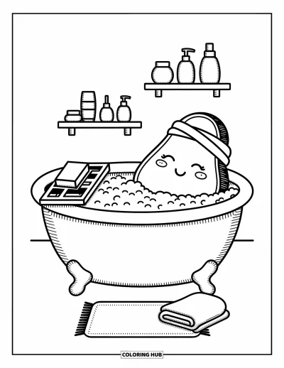 Coloriage d'avocat pour adultes : Un avocat qui profite d'un bain moussant entouré d'étagères, d'un tapis et d'un plateau de bain