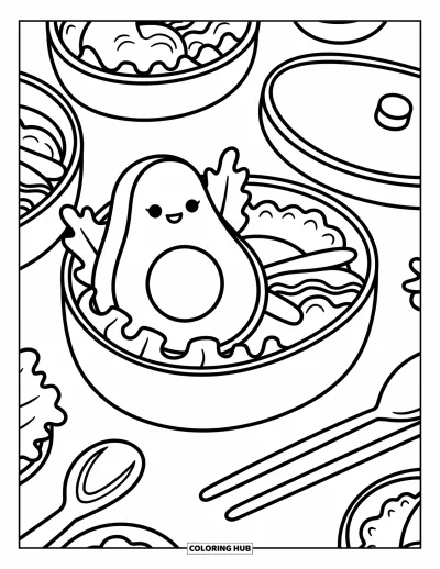 Coloriage d'avocat pour adultes : Un avocat qui savoure un repas en bento avec de mignons accompagnements et des couverts pratiques