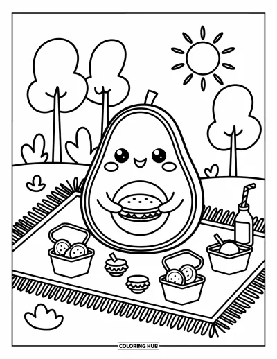 Coloriage d'avocat pour adultes : Un avocat qui pique-nique avec des gourmandises, une bouteille à paille et de petits arbres à proximité