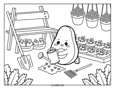 Coloriage d'avocat pour adultes : Un avocat jardinier qui arrose de petites pousses avec des outils et des fleurs tout autour