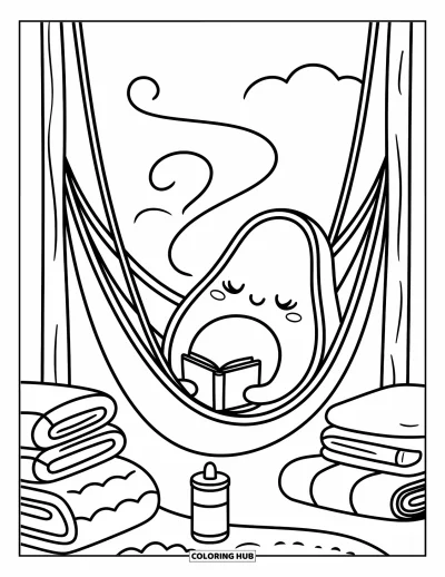Coloriage d'avocat pour adultes : Un avocat qui se repose dans un hamac avec une couverture, un thermos et de douces lignes de brise